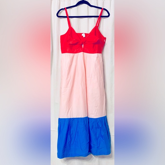 (Size 12) J. Crew Red Blue Colorblock Tie-Front Cutout Midi Dress - Picture 2 of 4